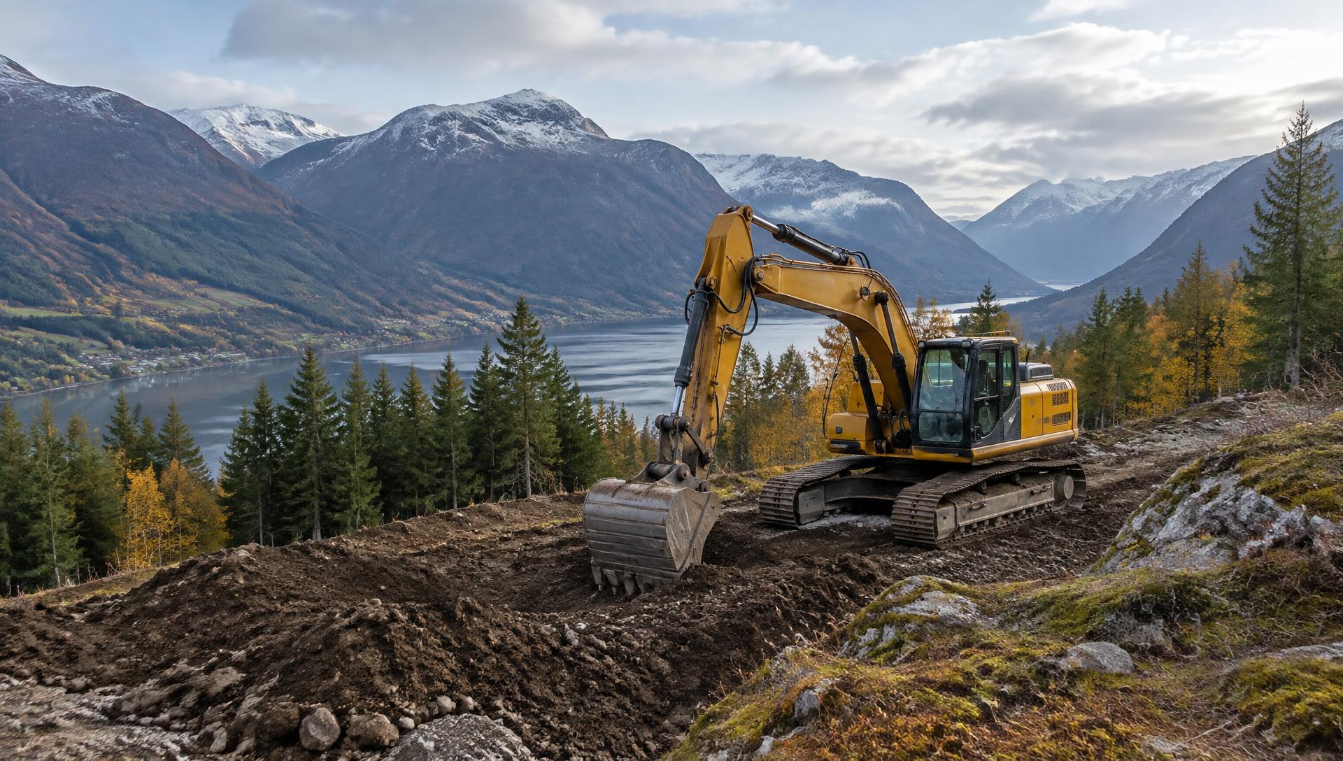 Gravemaskin i arbeid i norsk fjellterreng